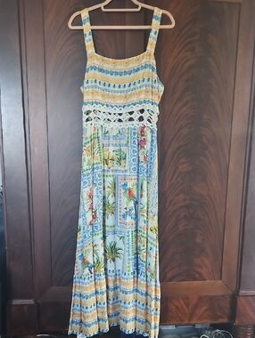 Bohemian Floral Crochet-Trim Maxi Dress in Yellow & Blue